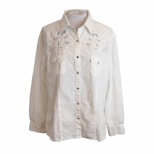 Long Sleeve Embroidered Western Shirt White XL Coastal Cowgirl Rhinestones Snaps